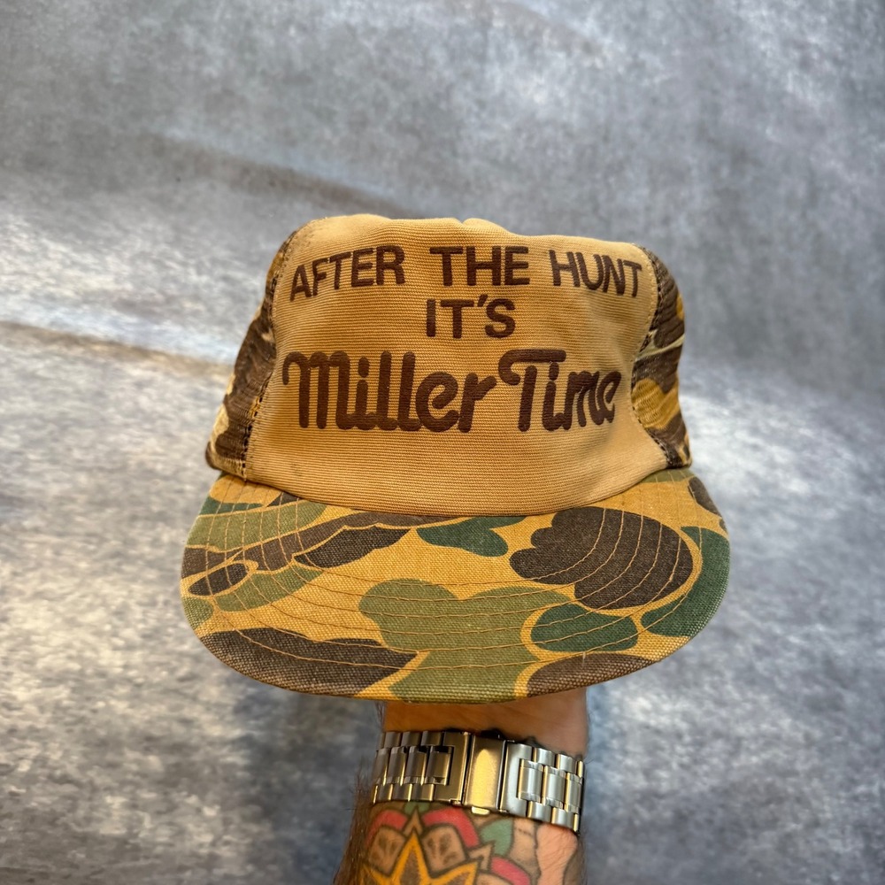 VTG Miller Beer Hat After The Hunt Its Miller Time Duck Camo Trucker Snapback